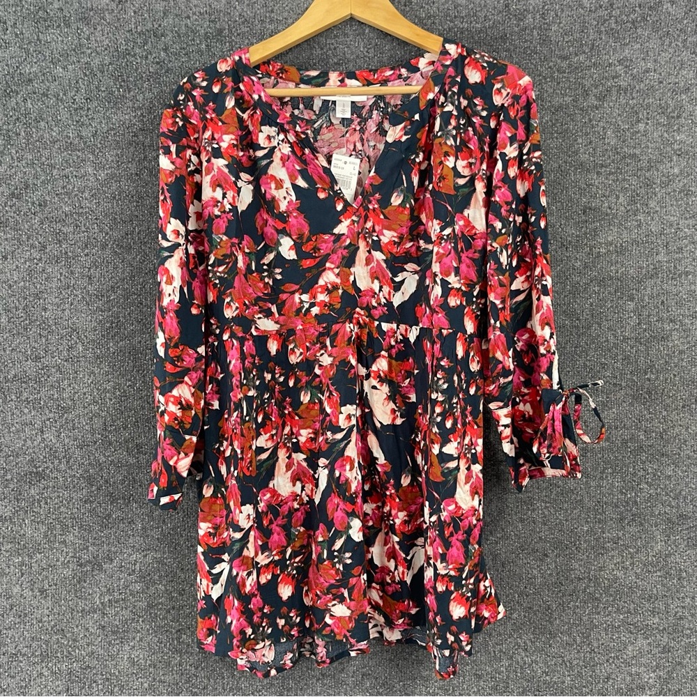 MOTHERHOOD MATERNITY Floral Blouse Womens Large 3/4 Sleeve Tie Waist Red Office